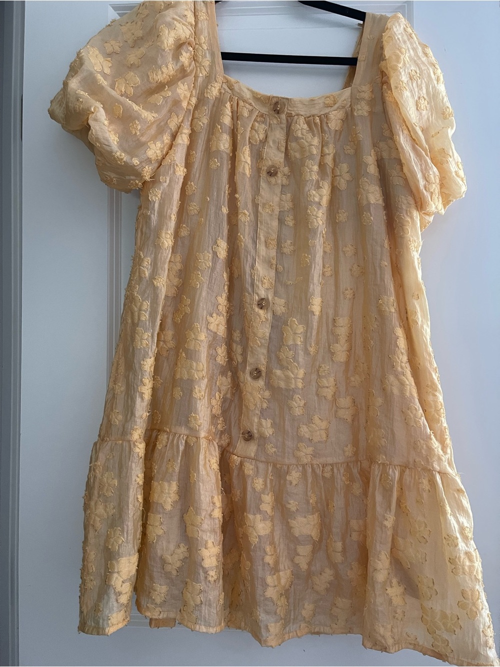 Moon River Pale Yellow Floral Puff-Sleeve Button Front Dress